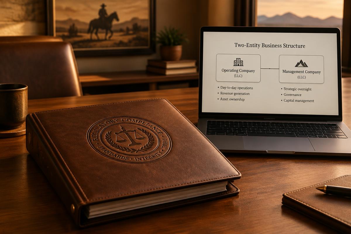 A leather-bound regulatory binder beside a laptop showing a two-entity business structure
