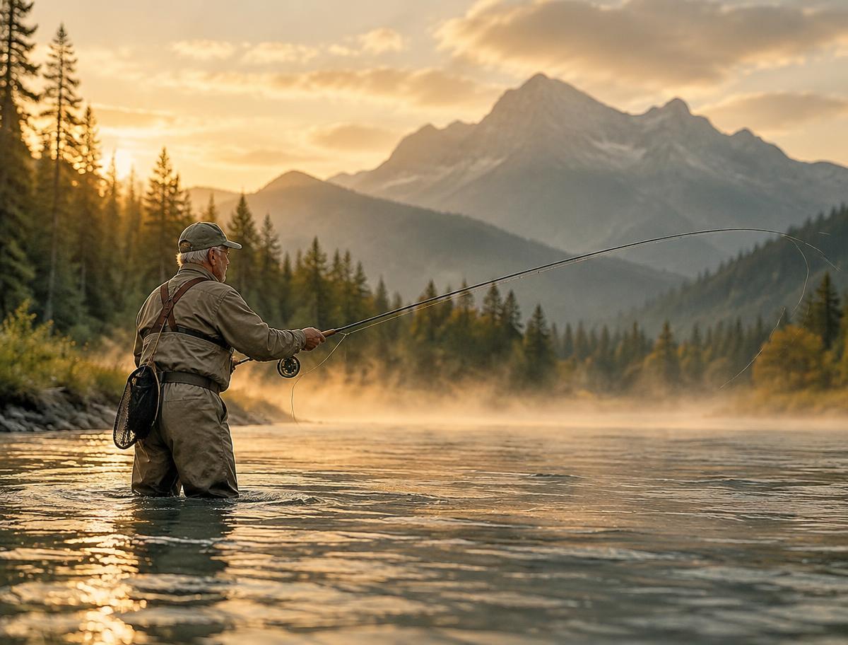 Man fly fishing at sunrise