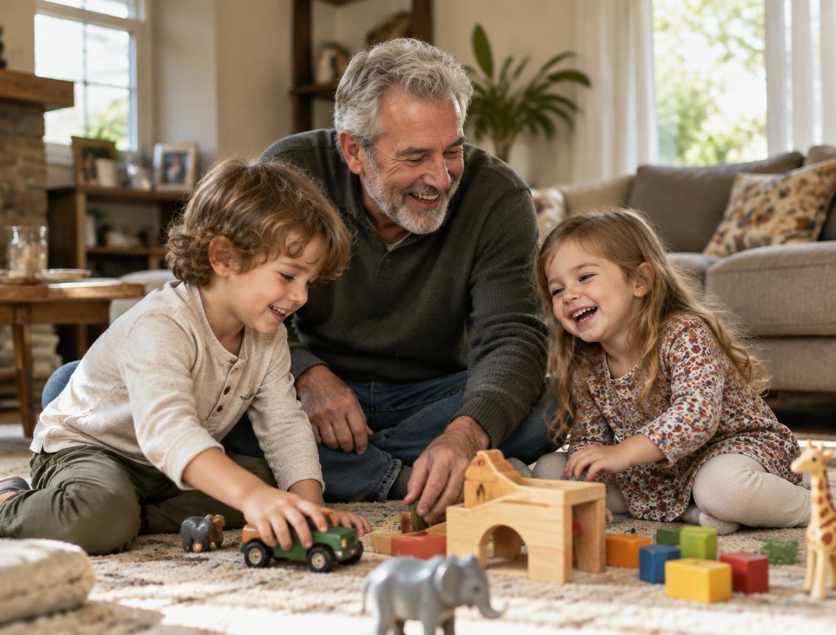 Grandfather playing on the floor with grandchildren