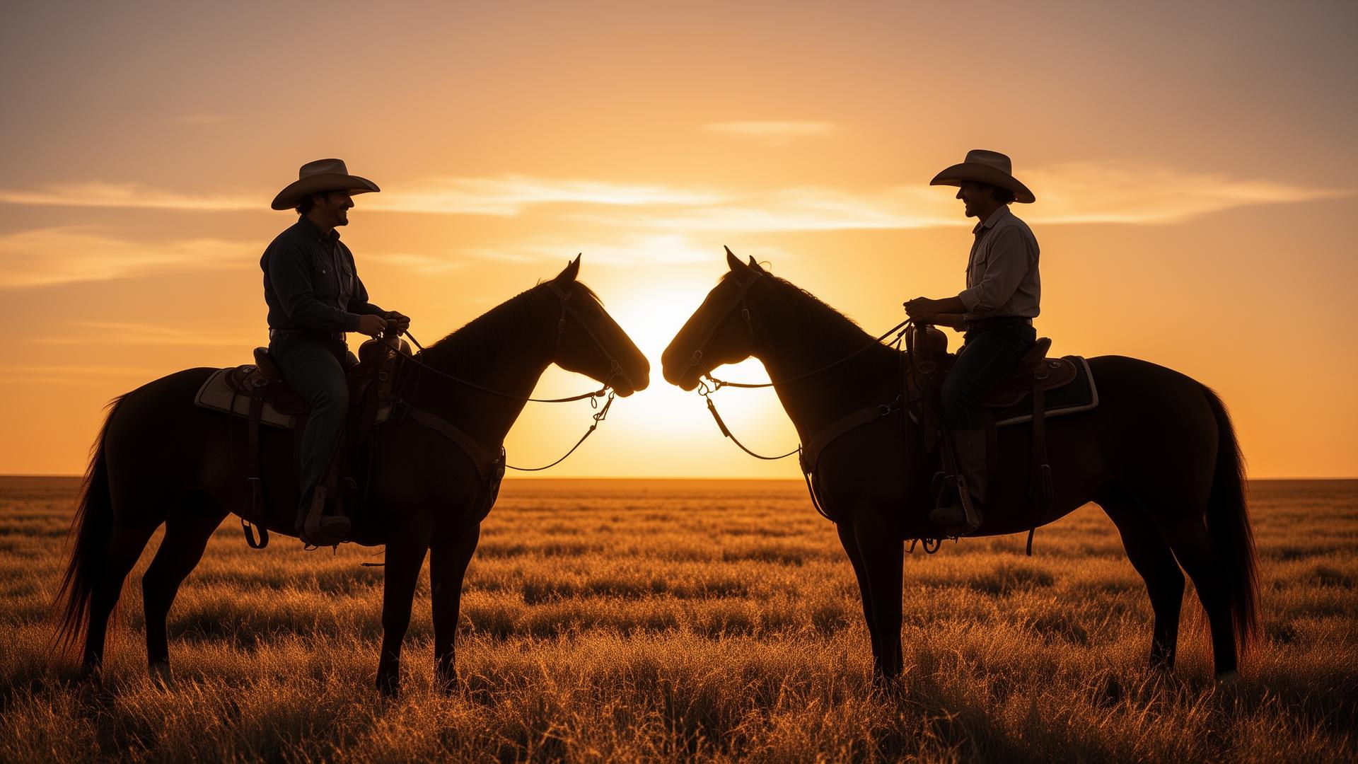 Two cowboys shaking hands at sunset on the West Texas plains