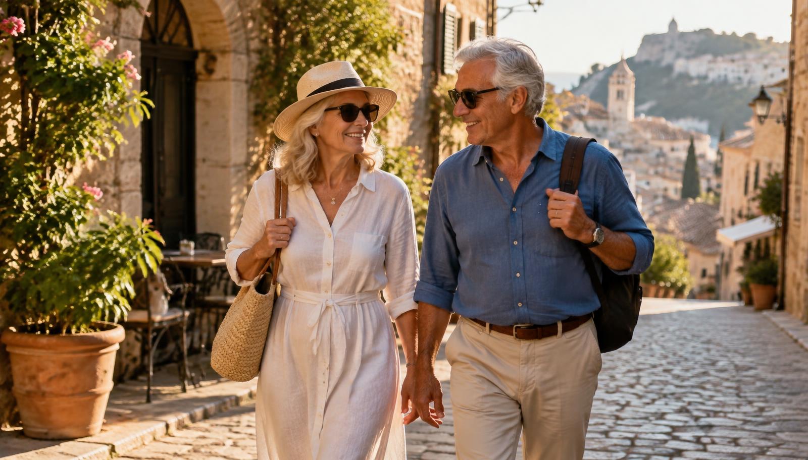 Active couple traveling a sunlit European street